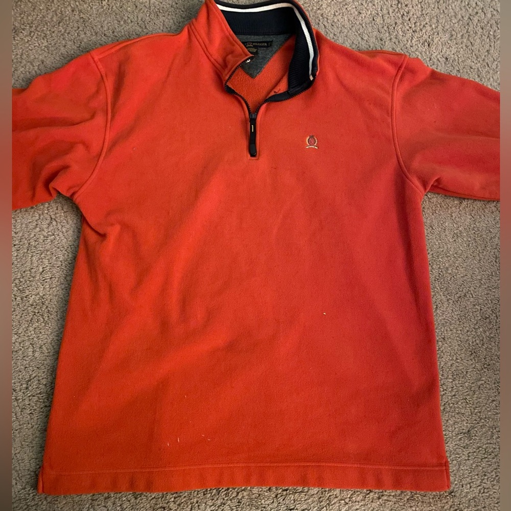 Vintage Tommy Hilfiger Collar Fleece Pullover Orange Mens 2XL